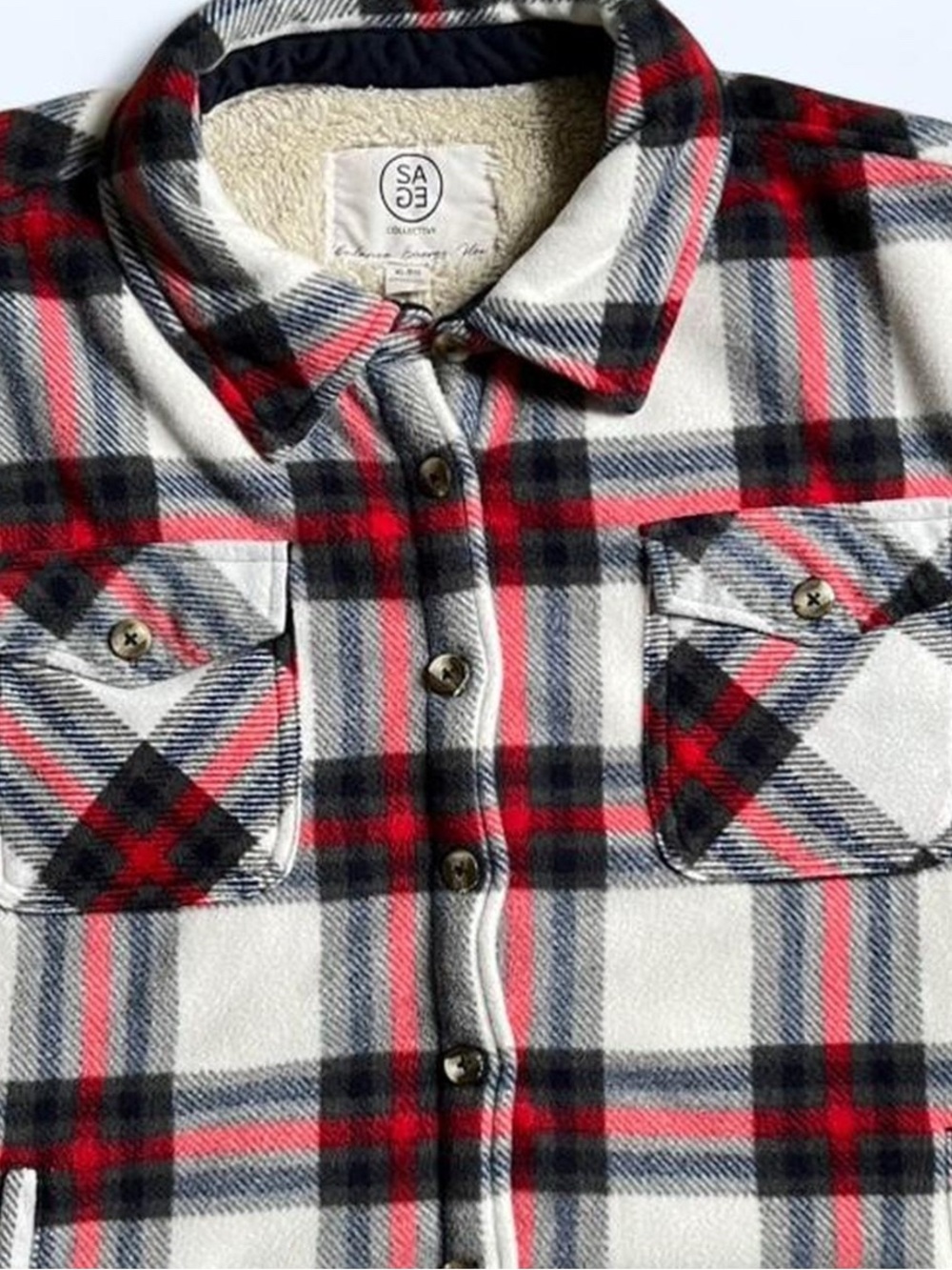 Sage Collective Fleece Plaid Shacket Womens XL White Red Blue Sherpa Lined - Picture 2 of 5